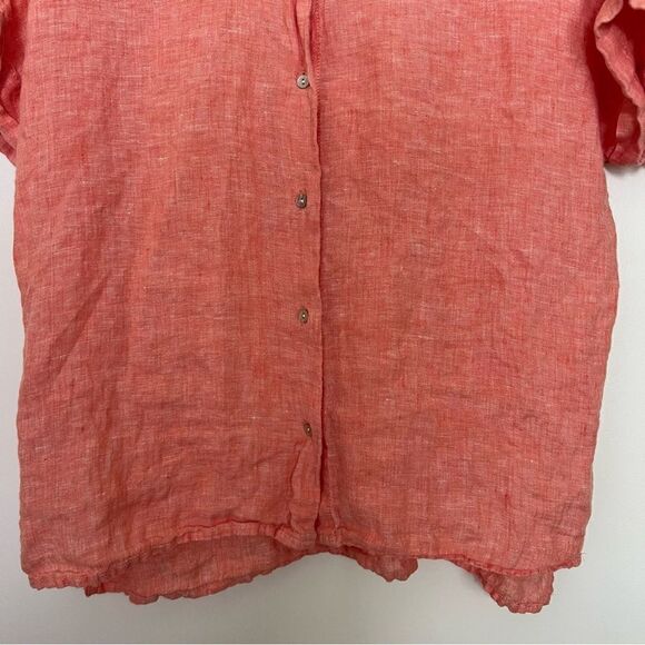 Rachel Roy Shirt Top Womens Sz M Salmon Linen Button Up Short Sleeve Rolled Cuff - Picture 3 of 12